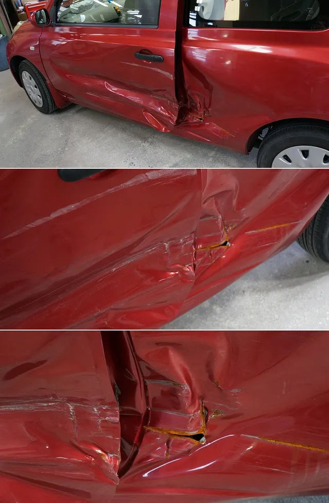 鹿屋市 事故修理｜日産マーチ 左サイドを大破した車対車事故の修理