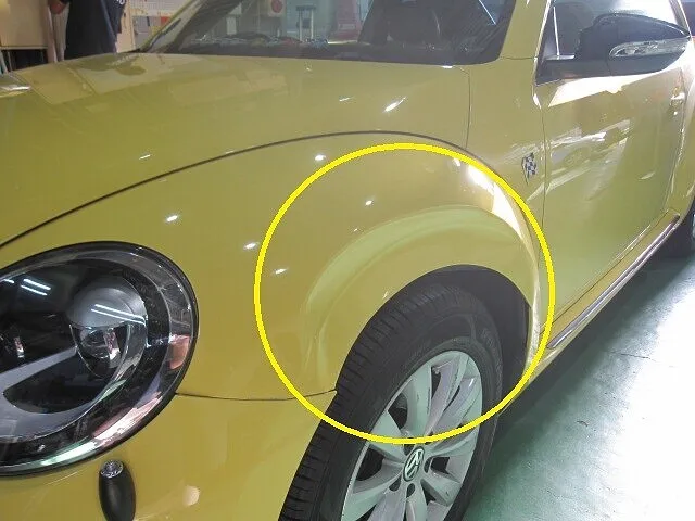 ワーゲン　ビートル　フロントフェンダー キズヘコミ修理│大阪市平野区 鈑金塗装