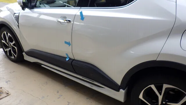 トヨタ　C-HR　左リアドア　サイドスポイラー　板金塗装　車　キズ　ヘコミ　修理　阪南　泉南　泉佐野　熊取　貝塚　岸和田　和泉　堺　カーサービスシンワ