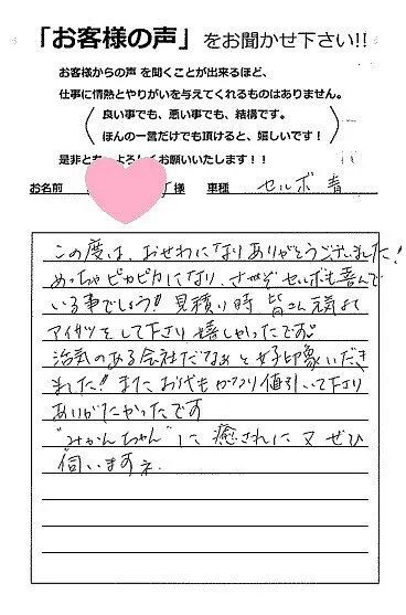 セルボの天井の色あせを修理させていただいたKさまより