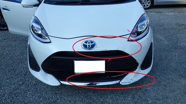 トヨタアクア　前回りキズ修理　泉南市　泉佐野市カーサービスシンワ