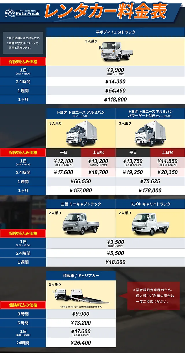 1日3,500円～ 1.5tトラック、軽トラックをお安くレンタル！│福岡県田川郡　レンタカー