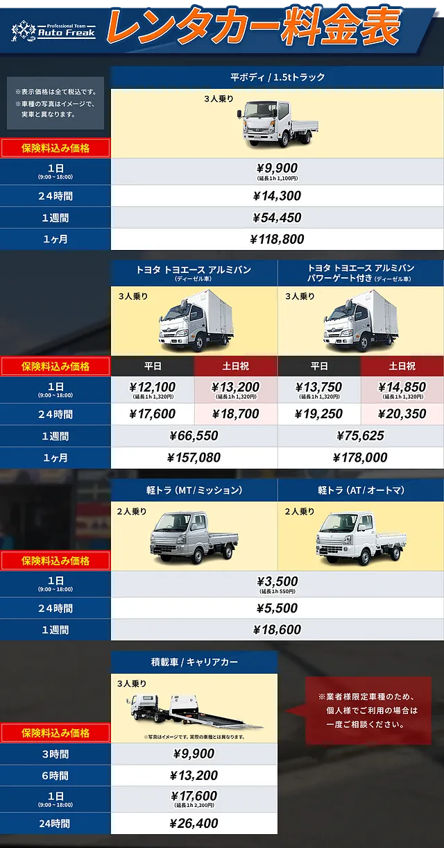 1日3,500円～ 2t・1.5tトラック、軽トラックをお安くレンタル！│福岡県田川郡　レンタカー