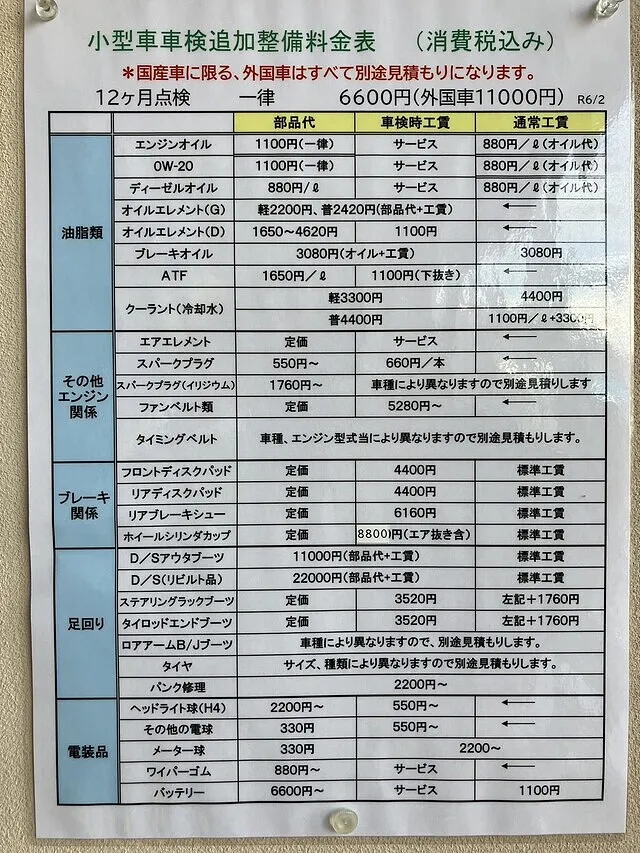 車検時追加整備料金表（小型自動車）