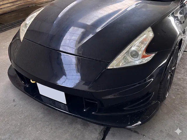 Nissan 黒 車 フロントバンパー傷あり 霧島市 フロントバンパガリキズ修理 日産フェアレディZ 鈑金塗装