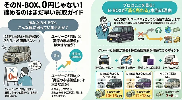 N-BOXだけは別格！15万キロでも、事故車でも、値段がつきます