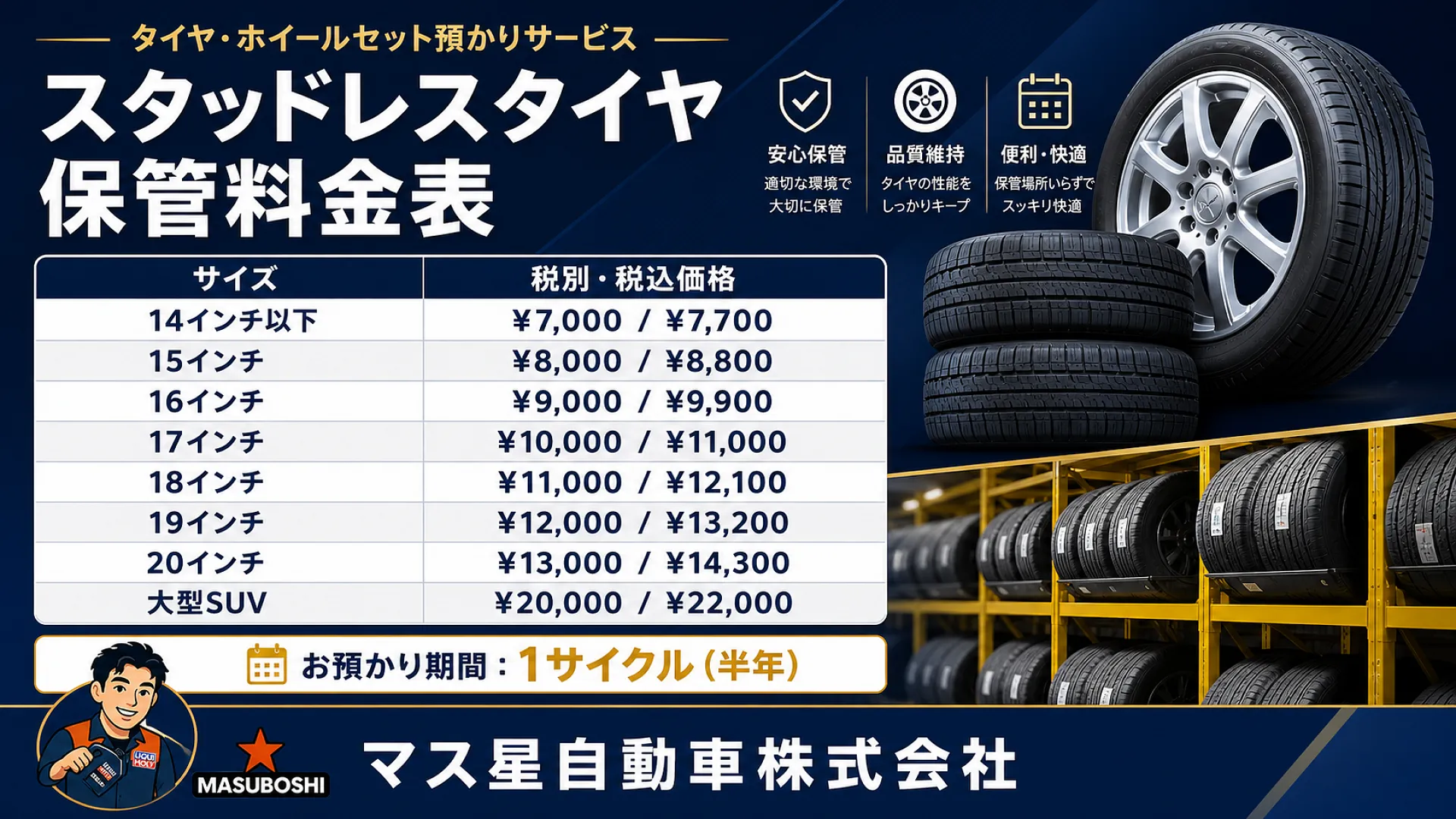 高槻市の夏冬タイヤ・ホイールセット預かりサービス｜マス星自動車