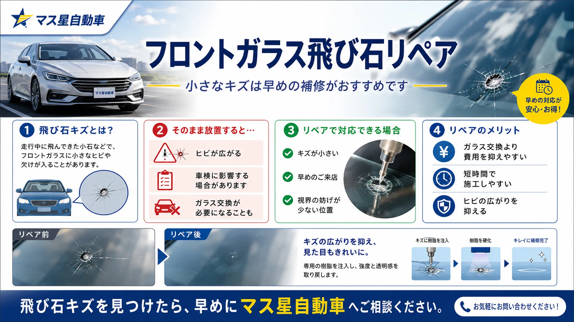 高槻市で安心のフロントガラス交換と飛び石リペアならマス星自動車へ！